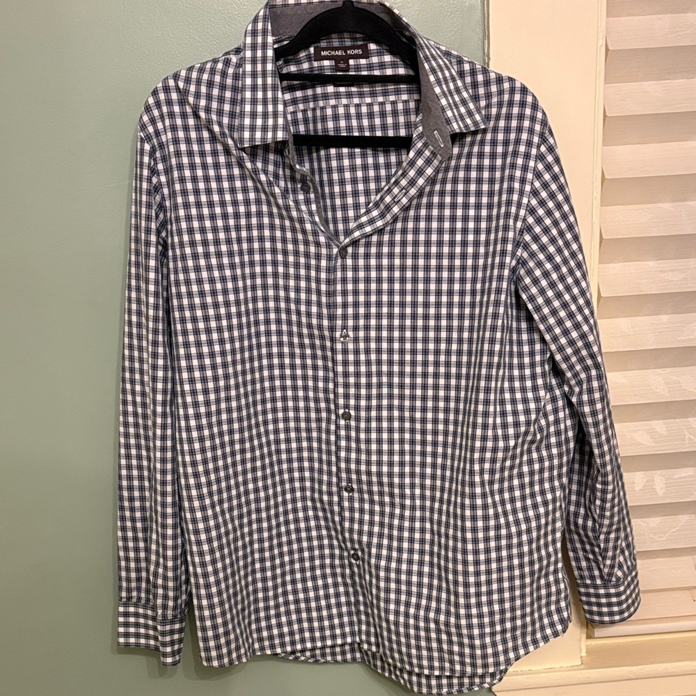 Michael Kors Men’s XL Gingham Button Down Shirt Navy White Casual